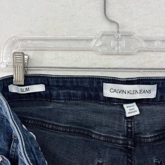 Calvin Klein Jeans Mens 34x32 Blue Denim Pants Slim Fit Tapered Leg Stretch Zip - Picture 10 of 12